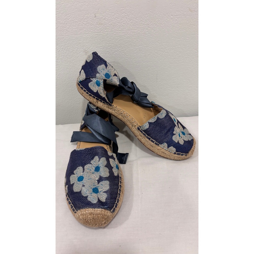 Marc Fisher Valicia2 Floral Espadrille Flats Blue White Ribbon Tie Ankle 8.5M